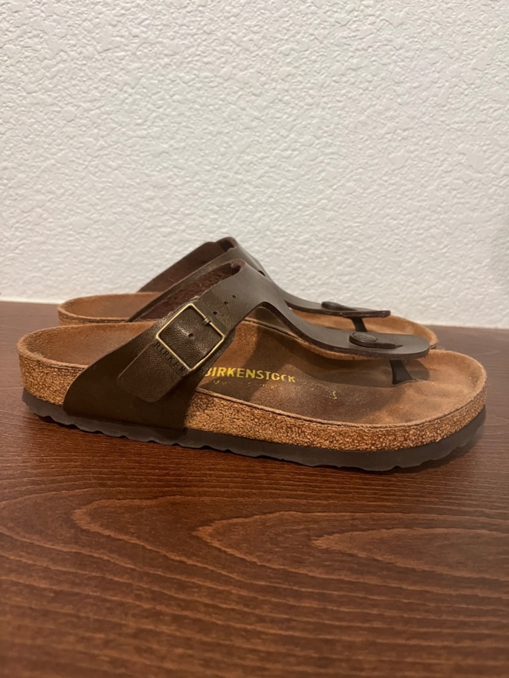 Birkenstock Metalic Bronze Brown T‑strap Cork Sandals with Buckle